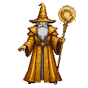 Regal elderly wizard with long white beard, wearing a golden pointed hat and ornate robe, holding a staff with a glowing orb.