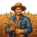 Farmer in straw hat and plaid shirt holding a harvest of golden wheat in a field.