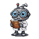 Small steam robot wearing oversized goggles and a lab coat, reading a book.