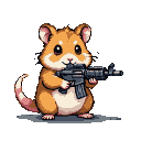 Fluffy hamster with orange and white fur grips an assault rifle.