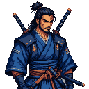 Stoic samurai with blue attire, brown sash, ponytail, and a scar over his left eye, two swords sheathed on his back and one at his waist.