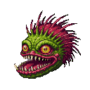 A grotesque, mutated flytrap with a bulbous green head, spiky magenta tendrils, wide yellow eyes, and a gaping maw filled with needle-sharp teeth.
