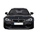 A dark gray BMW M4 viewed head-on, with illuminated headlights and a pixelated kidney grille.