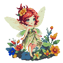 Whimsical fairy with vibrant red hair, yellow flower, large blue eyes, and translucent wings, wearing light green nature-inspired attire, gently touching her cheek in a lush, colorful garden.
