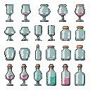 Assortment of transparent glass bottles, jars, and stemmed glasses with pink, teal, and clear liquids.