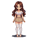 Pixel Art: A young girl, she wears a cropped shirt and a short skirt, s...