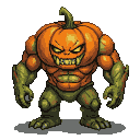 A monstrous figure with a gnarled pumpkin head, sharp teeth, and glowing yellow eyes, its body a fusion of pumpkin flesh and vines.