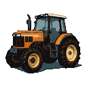 A robust, orange tractor in side profile on a black background, featuring large treaded tires, a tinted cab, and prominent engine housing.