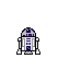 Pixelated R2-D2, with gray and blue dome, red photoreceptor, white and gray body with blue accents, and simple white block legs, against a black background.