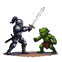 Knight in gleaming pixelated armor raising a broadsword to strike a snarling goblin.