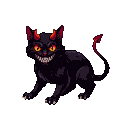 A black cat with glowing orange eyes, sharp horns, and a toothy grin. A devilish tail with a crimson tip is flicking.