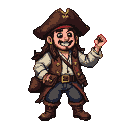 A pixelated pirate with a wide grin and mischievous eyes, wearing a tricorn hat, white shirt, brown vest, and boots, with a satchel slung over his shoulder.
