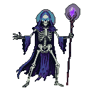 Skeletal figure in tattered blue robes holding a staff with a glowing amethyst orb.