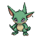 A small, plump, green bipedal creature with large pointed ears and wide purple eyes crouches, looking forward with a mischievous and curious expression.
