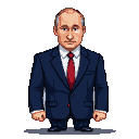 Pixelated depiction of Vladimir Putin in a dark blue suit, white shirt, and red tie, with a serious expression.