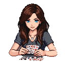 Young woman with blue eyes and brown hair focused on a card game, wearing a grey t-shirt and necklace.