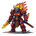 Fiery robotic warrior with crimson and charcoal armor, glowing embers, flames erupting from its head and shoulders, a blazing sword in its right arm, and a dark sword in its left hand.