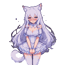 Shy neko girl with long white hair and white cat ears, blushing and looking down. She wears a short, frilly pastel outfit and thigh-highs, with a shyly curled tail.