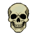 A pixelated skull with empty eye sockets and bared teeth on a black background.