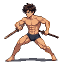 East Asian youth mid-stride running left, gripping a wooden practice sword, focused gaze, athletic build.