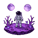 Astronaut on a purple alien planet with glowing plants and two pale moons in a black sky.