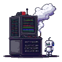 A small white robot with blue accents and green eyes looks distressed next to a large, dark metallic server unit emitting thick white smoke and displaying colorful lines of code.