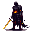 Warrior in dark armor with a glowing fiery core in chest plate and fiery sword.