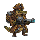 Pirate crocodile wearing a tricorn hat and leather coat, holding a minigun with glowing barrels.