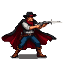 Cowboy in a wide-brimmed hat and flowing crimson-lined cape, holding a rifle, ready for a showdown.