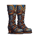 Knee-high boots made of dark grey material with burnished leather straps, metallic buckles, gilded accents, and blue gemstones.