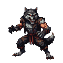 Anthropomorphic wolf warrior in a combat stance, snarling with glowing red eyes and tattered battle gear.