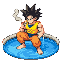Goku in an orange gi crouches by a blue pool, smoking a cigarette.