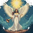 A celestial angel with flowing white robes and expansive wings holds a golden trumpet emitting celestial fire, framed by a radiant halo.