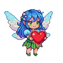 Pixie with flowing blue hair, green eyes, gentle smile, holding a red heart. She has iridescent blue and lavender wings and wears a light blue top and green leaf skirt.