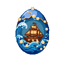 A pixel art egg with swirling blue waves and luminous pearl droplets, featuring a miniature sepia-toned sailing ship.