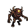 One-eyed monstrous creature with brown hide, sharp horns, gaping maw with jagged teeth, and extended claws.