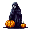 The Grim Reaper, a skeletal figure in dark robes, stands next to two carved jack-o'-lanterns, with a hand resting on the larger pumpkin.