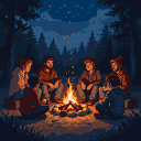 Five people sit around a bright campfire under a starry night sky.