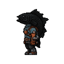 Humanoid character with a large, open-mouthed black fish head, wearing dark, weathered armor with burnt orange and muted blue accents, and pouches at the waist.