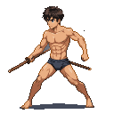 East Asian youth running left with a wooden practice sword, mid-stride, with defined musculature and focused expression.