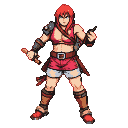 Fierce warrior with vibrant red hair, muscular physique, crimson top and shorts, holding two daggers, intense gaze.