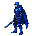 A knight in midnight-blue plate armor and cape stands in profile, holding a sword forward.