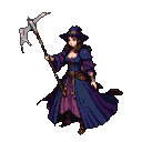 A witch in a dark blue robe with purple accents and a wide-brimmed hat holds a gleaming scythe.
