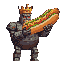Stone king with golden crown and glowing red eyes holds an oversized hotdog with both hands.