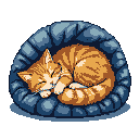 A ginger tabby cat sleeps peacefully, curled in a round, blue and gray pet bed against a black background.