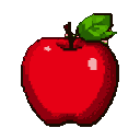 A red apple with a green leaf against a black background.