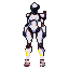 Stylized, futuristic female robot with a Mega Man-inspired cannon on her right arm, white and red full-body suit, and wing-like helmet extensions.