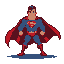 Superman in his blue suit and red cape, standing with clenched fists and a determined gaze.