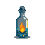 Translucent grey potion bottle with a dark blue stopper, filled with deep blue liquid containing a vibrant orange and yellow flame and scattered yellow sparks.