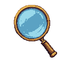 A pixel art magnifying glass with a golden rim and a sky-blue reflection in the lens, resting on a brown wooden handle.
